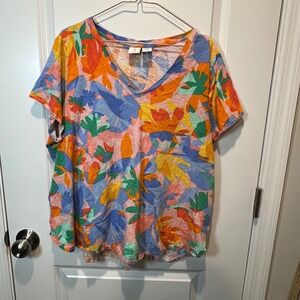 Joie V Neck Short Sleeve T Shirt Top 2X Tropical Floral Print Pink Blue Orange